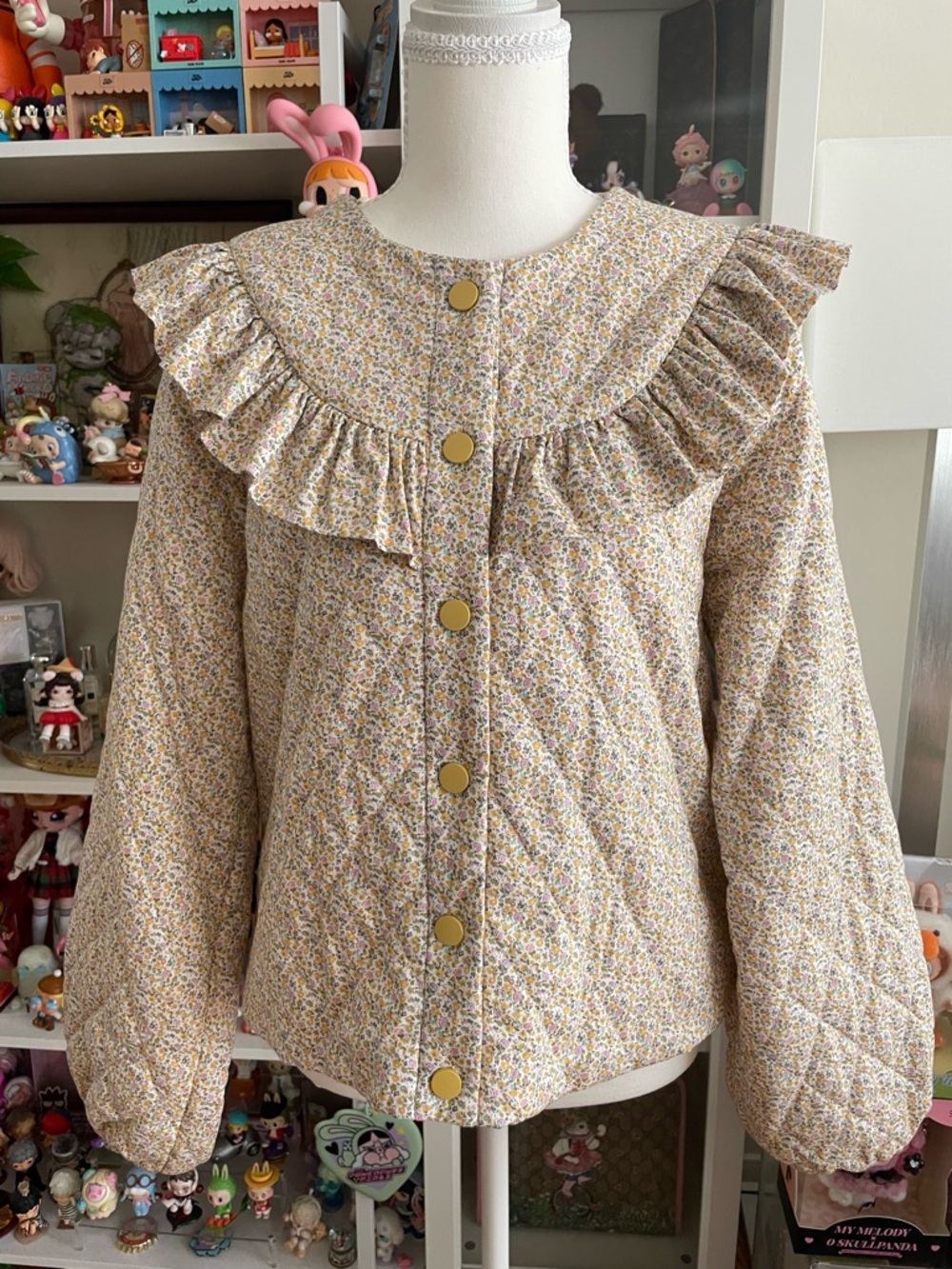 VILA Floral Quilted Jacket Ruffle Collar Snap Button NWOT Cottagecore